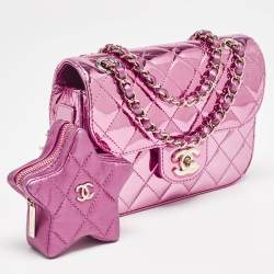 Chanel Pink Quilted Mirror Leather Mini Hollywood Boulevard Flap Bag With Star Coin Purse