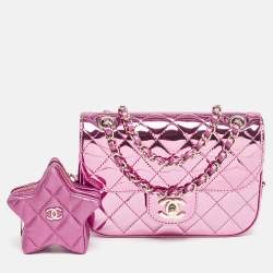 Chanel Pink Quilted Mirror Leather Mini Hollywood Boulevard Flap Bag With Star Coin Purse