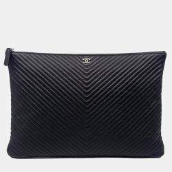 Chanel Black Leather Caviar Chevron Large Clutch