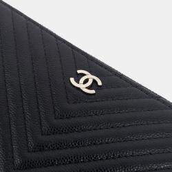 Chanel Black Leather Caviar Chevron Large Clutch