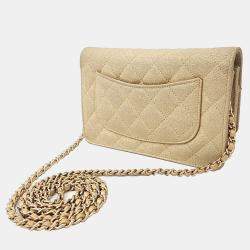 Pre Owned Chanel Beige Fabric chain crossbody bag