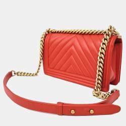 Chanel Red Leather Chevron Boy Bag Medium