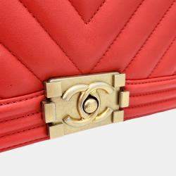 Chanel Red Leather Chevron Boy Bag Medium