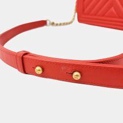 Chanel Red Leather Chevron Boy Bag Medium