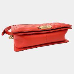 Chanel Red Leather Chevron Boy Bag Medium