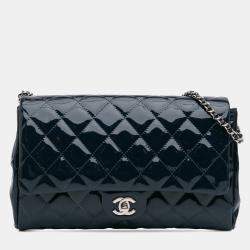 Chanel Navy Blue CC Quilted Patent Clutch With Chain