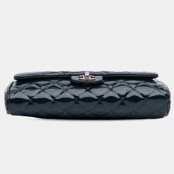 Chanel Navy Blue CC Quilted Patent Clutch With Chain