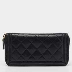 Chanel Black Quilted Leather Boy Zip Around Wallet