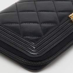 Chanel Black Quilted Leather Boy Zip Around Wallet