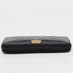 Chanel Black Quilted Leather Boy Zip Around Wallet