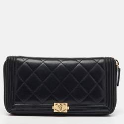 Chanel Black Quilted Leather Boy Zip Around Wallet