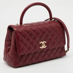 Pre Owned Chanel Red Quilted Caviar Leather and Lizard Embossed Leather Small Coco Top Handle Bag