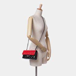 Pre Owned Chanel Black/Red Mini Rectangular Bicolor Patent Single Flap