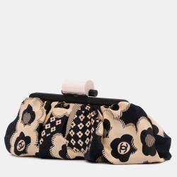 Chanel Black Brown CC Silk Camellia Frame Clutch