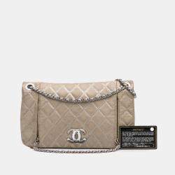 Pre Owned Chanel Beige Quilted Metallic Distressed Lambskin CC Crystal Flap