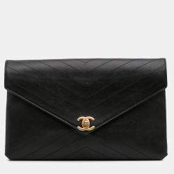 Chanel Black CC Chevron Calfskin Envelope Clutch