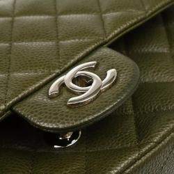 Pre Owned Chanel Green Calfskin Medium Classic Double Flap Shoulder Bag