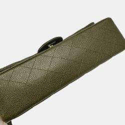 Pre Owned Chanel Green Calfskin Medium Classic Double Flap Shoulder Bag