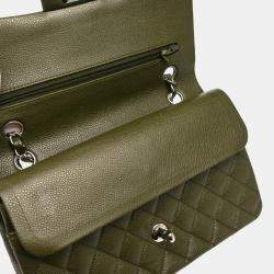 Pre Owned Chanel Green Calfskin Medium Classic Double Flap Shoulder Bag