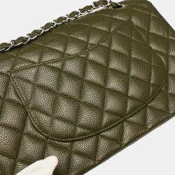 Pre Owned Chanel Green Calfskin Medium Classic Double Flap Shoulder Bag
