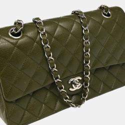 Pre Owned Chanel Green Calfskin Medium Classic Double Flap Shoulder Bag