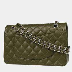 Pre Owned Chanel Green Calfskin Medium Classic Double Flap Shoulder Bag