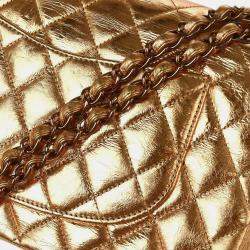 Pre Owned Chanel Gold Metallic Lambskin Medium Classic Double Flap Shoulder Bag