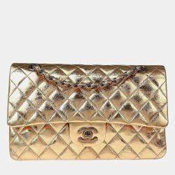 Pre Owned Chanel Gold Metallic Lambskin Medium Classic Double Flap Shoulder Bag