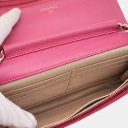 Chanel Pink Lambskin Embossed Camellia Wallet On Chain