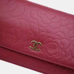 Chanel Pink Lambskin Embossed Camellia Wallet On Chain