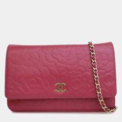 Chanel Pink Lambskin Embossed Camellia Wallet On Chain