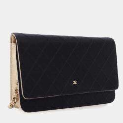 Chanel Black Gold Bicolor Satin Diamond Stitch Wallet On Chain