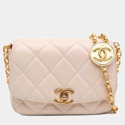 Pre Owned Chanel Beige Small Quilted Lambskin CC Coin Flap