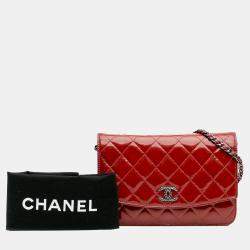 Chanel Red Quilted Patent Brilliant Wallet On Chain