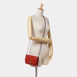 Chanel Red Quilted Patent Brilliant Wallet On Chain