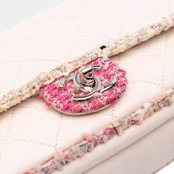 Pre Owned Chanel White Quilted Lambskin and Tweed Elegant Trim Flap