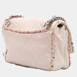 Pre Owned Chanel White Quilted Lambskin and Tweed Elegant Trim Flap