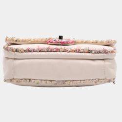 Pre Owned Chanel White Quilted Lambskin and Tweed Elegant Trim Flap