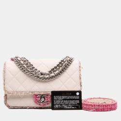 Pre Owned Chanel White Quilted Lambskin and Tweed Elegant Trim Flap