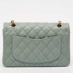 Pre Owned Chanel Green Quilted Caviar Leather Small Classic Double Flap Bag