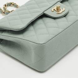 Pre Owned Chanel Green Quilted Caviar Leather Small Classic Double Flap Bag