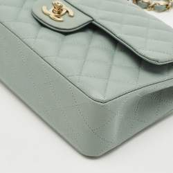 Pre Owned Chanel Green Quilted Caviar Leather Small Classic Double Flap Bag