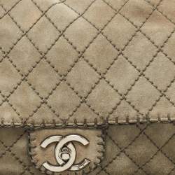 Chanel Grey Quilted Suede Jumbo Whipstitch Classic Single Flap Bag