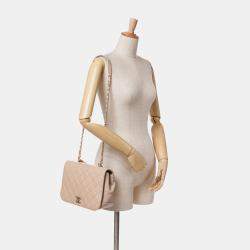 Pre Owned Chanel Beige Lambskin Medium Quilted Carry Chic Flap