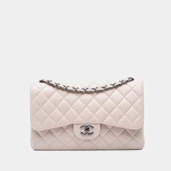 Pre Owned Chanel White Lambskin Jumbo Classic Double Flap