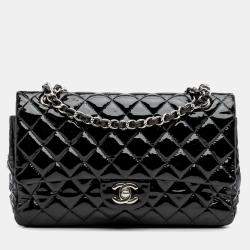 Pre Owned Chanel Black Patent Medium Classic Double Flap