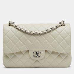 Pre Owned Chanel White Caviar Jumbo Classic Double Flap