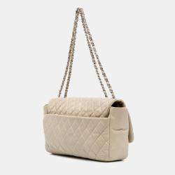 Pre Owned Chanel Beige Lambskin Jumbo Quilted Coco Rain Flap