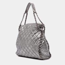 Chanel Silver Large Quilted Metallic Calfskin Chain Me Hobo