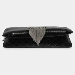 Pre Owned Chanel Black Lambskin Crystal Peace Sign Emoji Fold Over Clutch